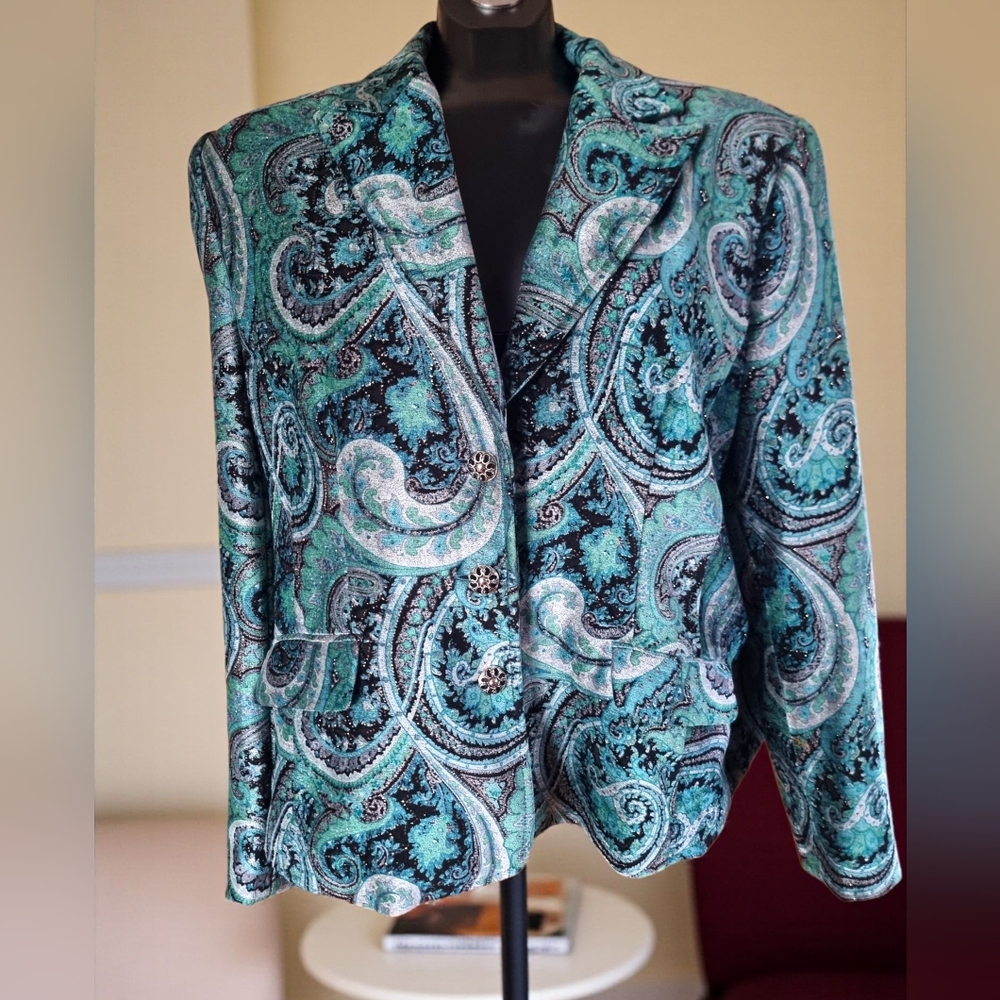 Temptation Vintage Teal and Black Sparkle Velvet Paisley Lined Blazer Size XL